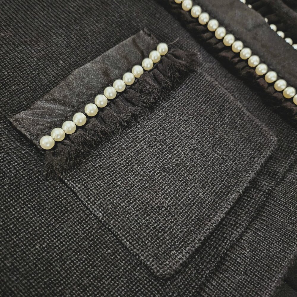 WHBM ELEGANT BLACK CARDIGAN w/ WHITE PEARL & BLACK RUFFLE POCKET & CUFF ACCENTS - Picture 14 of 16